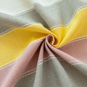 Nordic striped linen tablecloth in grey, yellow and purple with refined fabric texture