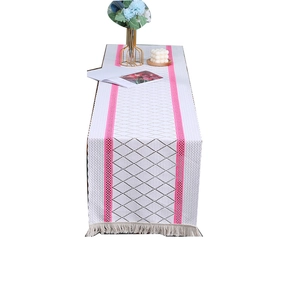 Nordic vintage table runner with pink lace hollow stripes and grey diamond tassels