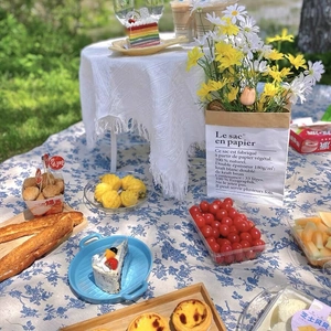 Couverture de pique-nique imperméable à motif floral bleu sur herbe verte fraîche