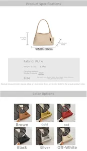 Detailed spec chart for woven PU leather underarm bag with dimensions and 6 colors