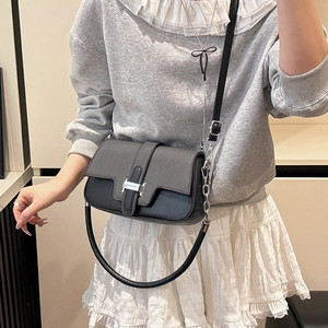 Vintage flap crossbody bag with silver H-buckle and chain strap in charcoal grey