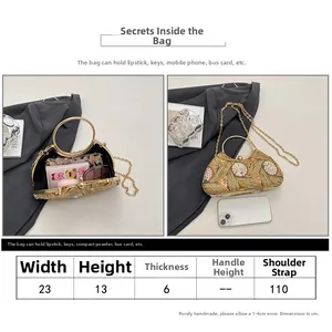 Size chart and capacity detail for the sequined evening clutch bag with chain strap
