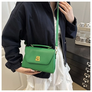 Detail of green litchi texture small square bag with golden square lock and top handle