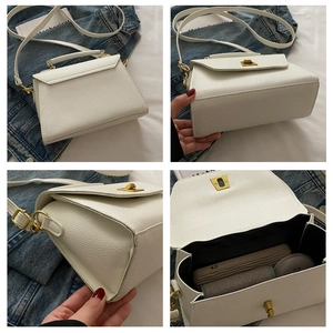Detailed views of white pebbled leather bag with gold buckle and internal storage capacity