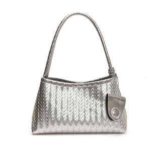 Silver woven shoulder bag with metallic leather finish and small charm detail