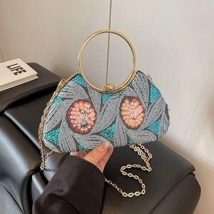 Vintage Evening Clutch PU Leather With Sequin Embroidery And Beaded Flower Metal Ring Handle Shoulder Chain Strap Women Banquet Party