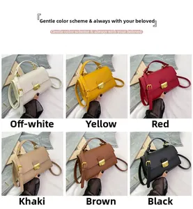 Detail of elegant lychee texture leather handbags with metal buckles in six colors