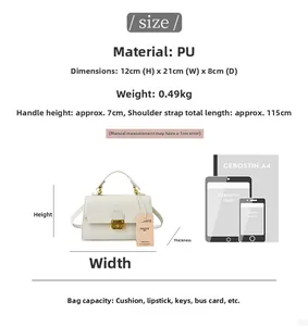 Detailed size guide of white textured PU leather handbag with 21x12x8cm dimensions