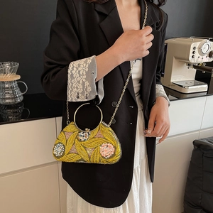 Sequin embroidered evening clutch bag with gold round handle and chain strap for women