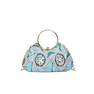 Sparkly blue sequin evening clutch bag with round metal handle and chain strap for women