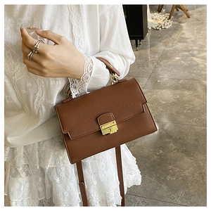 Detail of dark brown lychee leather handbag with gold metal clasp and tiered side design