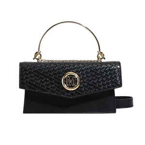 Chic black handbag with woven texture, golden M-logo and metallic round top handle