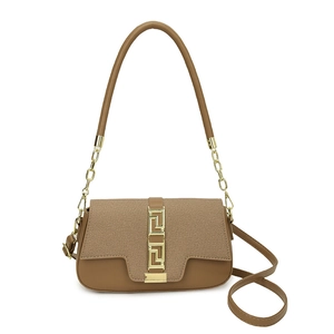 Women Crossbody Bag PU Leather Fabric Stitching Greek Key Buckle Fashion Shoulder Saddle Bag