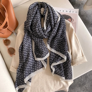 Pleated navy floral cotton linen scarf with white striped edges for women's autumn fashion