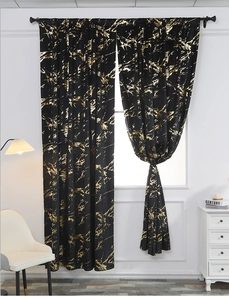 Detail of modern black and gold marble pattern blackout curtains with luxury foil print