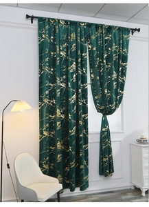 Detail of dark green velvet curtain with gold marble foil print and rod pocket top