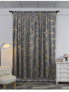 Detail of dark grey velvet curtains with gold foil marble pattern for modern living rooms