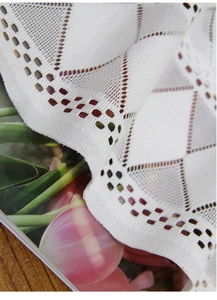 Macro shot of white geometric lace fabric with intricate diamond cutout patterns