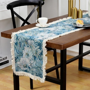 American Retro Oil Painting Floral Jacquard Table Runner With Tassels Polyester Cotton For Dining Room Home Decor