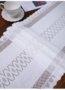 Close-up of white lace table runner with geometric embroidery and scalloped edges