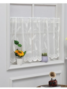 Detailed embroidery of white wheat patterns on semi-transparent lace cafe curtains