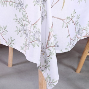 Fresh plant floral print rectangle cotton linen tablecloth on a rustic wooden table