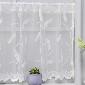 White lace cafe curtain with wheat embroidery and scalloped edges for kitchen decor