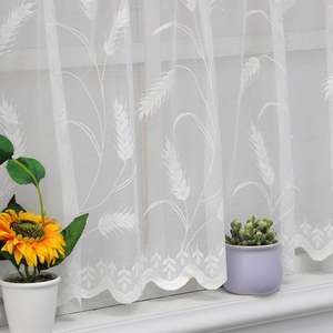 White lace cafe curtain with wheat ear embroidery and wave scalloped edge for kitchen