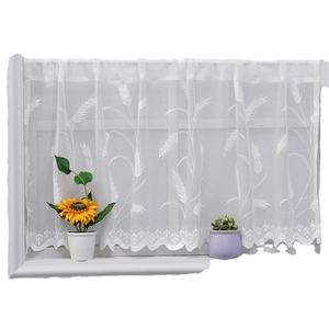 White lace cafe curtain with embroidered wheat patterns and decorative scalloped edges