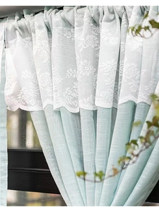 Detail of light blue linen curtain with white floral lace trim and scalloped edges