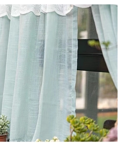 Detailed view of mint green sheer curtains with white lace trim for home decor