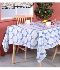 Close-up of blue-grey geometric hexagonal pattern on cotton linen rectangular tablecloth