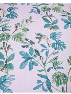 Macro detail of tropical plant leaf patterns on high-quality linen blend tablecloth fabric