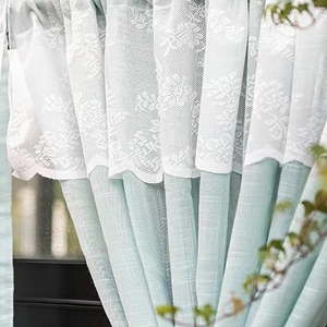Retro light luxury double-layer curtains with white floral lace and mint green fabric