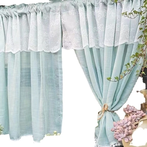 Mint green velvet curtains with white lace valance and rustic rope tieback set