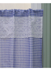 Detail showing blue gingham pattern with white floral lace trim on cafe curtain