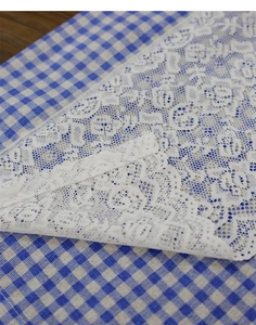 Detailed close-up of blue plaid fabric with intricate white floral lace trim and mesh