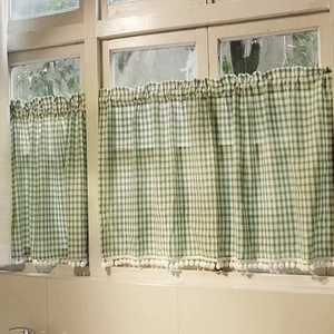 Gingham Cafe Curtain Green White Plaid Small Doorway Window Treatment Pom Pom Fringe Rod Pocket Farmhouse Decor