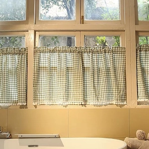 Green and white plaid cafe curtain with pom-pom trim for kitchen window decoration