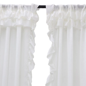 Elegant white tencel velvet curtains with triple-layered ruffle trim for living room