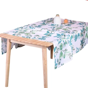 Rectangular cotton linen tablecloth with green tropical plant and ivy leaf pattern