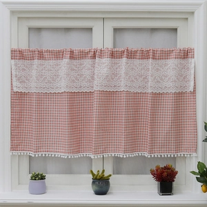 Nordic Pastoral Plaid Cafe Curtain With Lace Trim And Pom Pom Fringe Polyester Short Half Curtain For Kitchen Bathroom Window