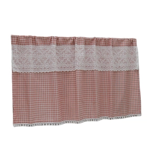 Pink plaid coffee curtain with lace trim and mini pom poms for small windows