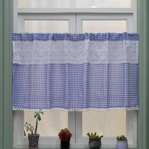 Nordic Gingham Plaid Café Curtain Rod Pocket Lace Trim Short Window Curtain With Pom-pom Fringe For Kitchen Bathroom Home Decor