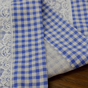 Blue and white gingham cafe curtain with delicate white lace trim and linen texture