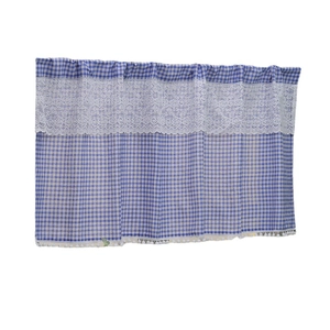 Blue and white checkered cafe curtain with lace trim and white pom-pom tassels