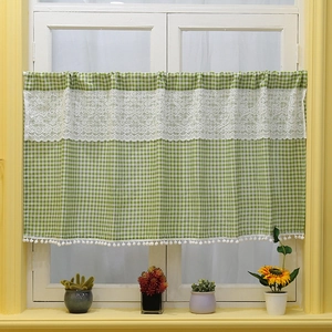 Nordic Style Gingham Cafe Curtain With Lace Trim And Pom-poms Short Rod Pocket Kitchen Window Curtain For Home Decor