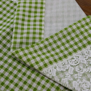 Green and white plaid Nordic style cafe curtain with delicate white lace flower edges