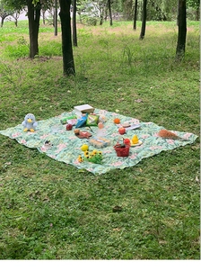 Detail einer Picknickdecke mit Tropenmuster auf Gras mit Snacks und Spielzeugen