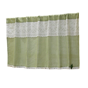 Nordic green plaid short curtain with white lace and pompom trim for kitchen windows